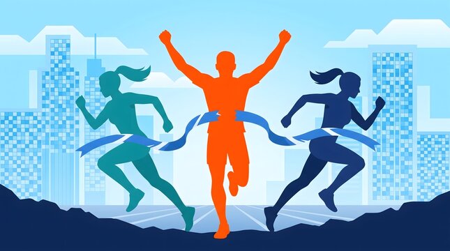 Athletes Crossing the Finish Line in a City Marathon Competition Vector Illustration of Victory and Success