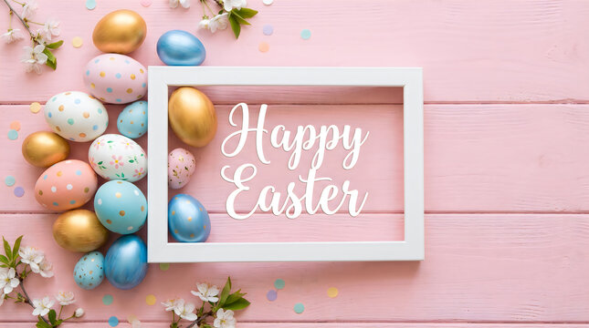 Happy easter greeting card with colorful decorative eggs and white frame on a pastel pink wooden background
