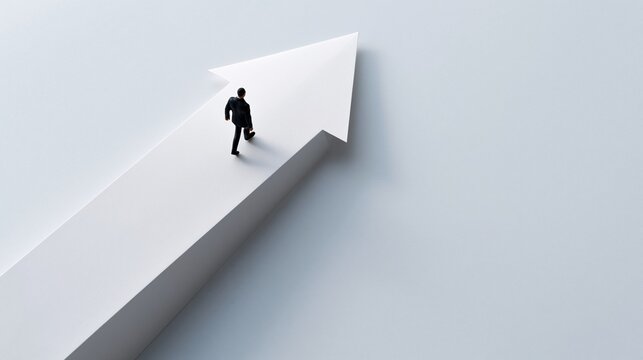 Businessman walking upward on large white arrow