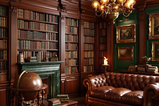 Elegant library interior with leather sofa and bookshelves