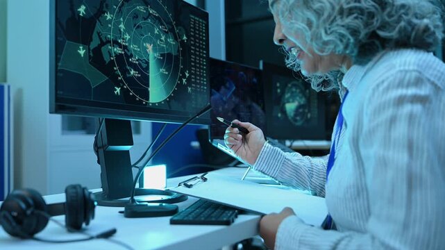 Asian engineer in headset analyzes radar screens and takes notes in a high tech control room