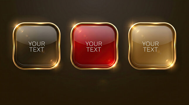 Glossy rounded square web buttons in gold frames with black red and brown glass textures and glowing light flares on dark background