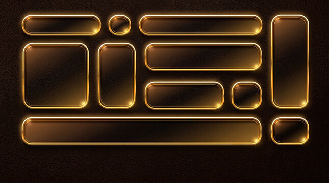 Golden glowing neon glass web buttons and banners set with rounded corners on dark textured background