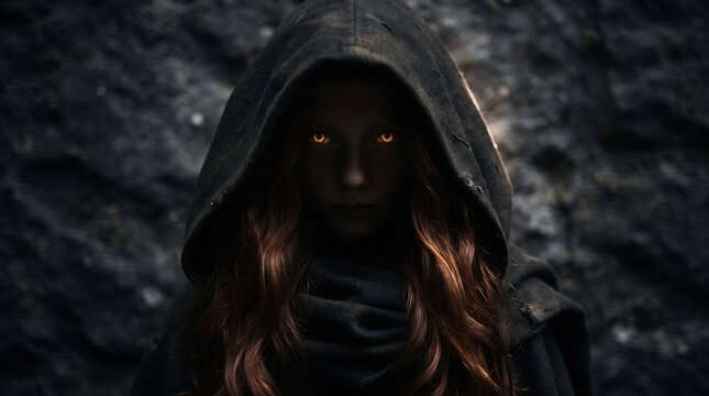 Mysterious person wearing a dark hood with glowing orange eyes in shadows
