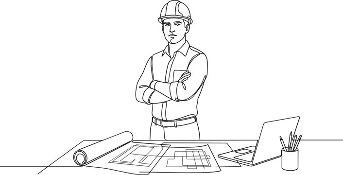 A line art illustration of a male architect standing with his arms crossed over a drafting table filled with blueprints and a laptop.