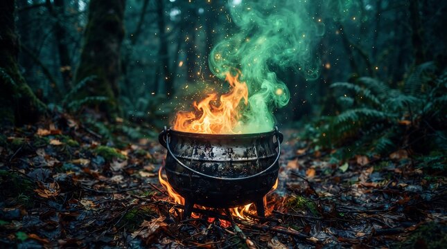 Bright orange and green flames erupt from an iron cauldron in a dark forest