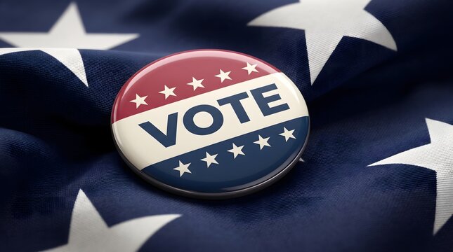 Close-up of a patriotic Vote button pin resting on a navy blue fabric background with white stars