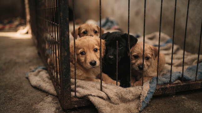 Litter of puppies in cage looking out through bars with sad eyes