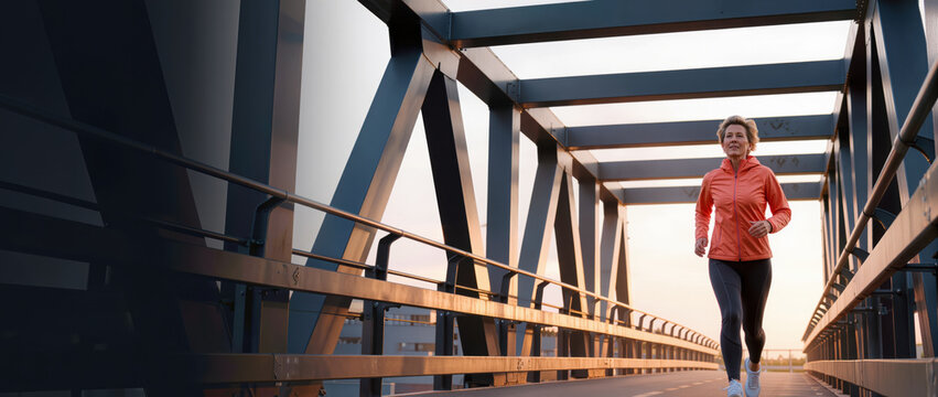 Womens health menopause runner crossing steel bridge with determined energy