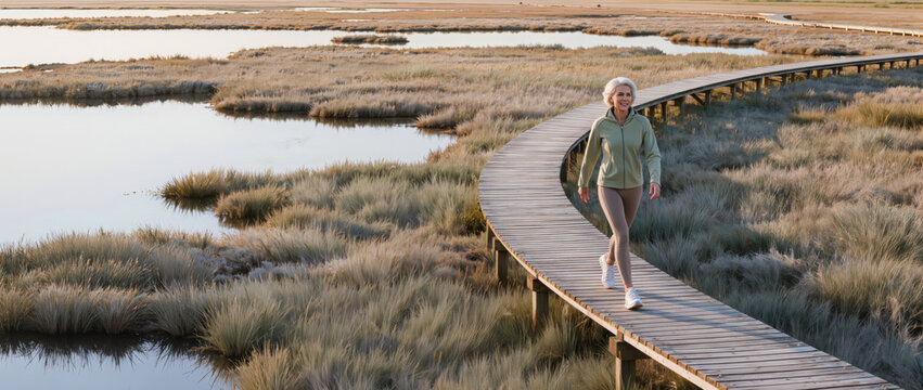 Womens health menopause wellness walk on wooden boardwalk through wetland