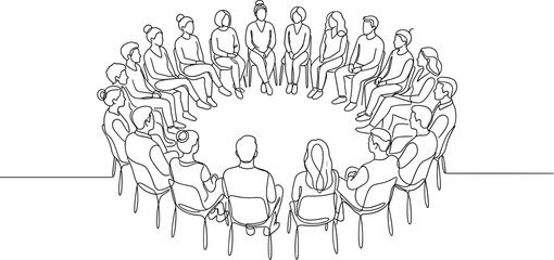 Fototapeta premium Line drawing of a large group of people sitting together in a circle sharing experiences.