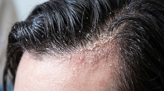 Overhead view showing oily dark hair with an abundance of large, visible dandruff flakes. The scalp appears shiny and greasy, emphasizing the severity of the dandruff.