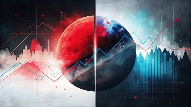 Financial market graph split display showing rising and falling stock trends for business analysis report illustration.