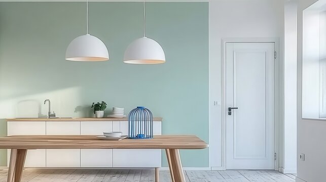 Modern kitchen and dining area with light wood table and white cabinets