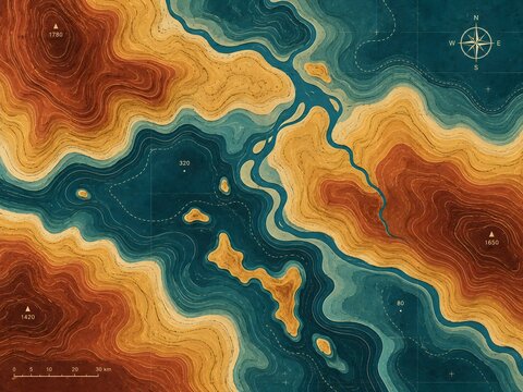 Topographic map illustration of a river landscape with a compass rose