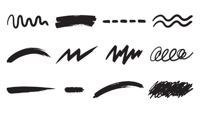 Rough underline icon set featuring sketch brush strokes, wavy line, dashed stroke, zigzag, looping swirl, and scribble cross hatch in black vector style.
