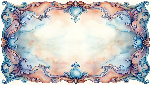 Vintage baroque border illustration with blue watercolor scrolls and warm peach details for decorative framing.