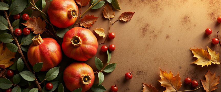 Autumn still life with pomegranates berries leaves for seasonal blogs greeting cards stationery fall marketing