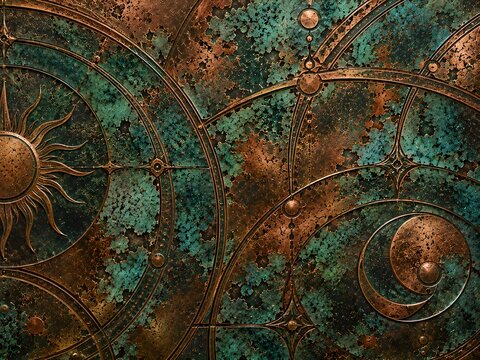 Abstract copper and teal oxidized metal texture with celestial sun and moon motifs