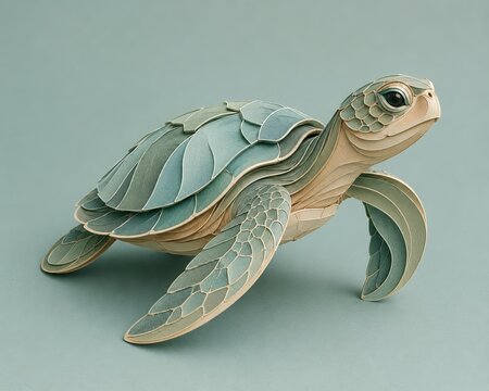 Sea turtle sculpted from layered folded paper sheets, forming rounded shell contours and flowing flipper geometry with elegance, featuring muted green, aqua, sandy beige gradients.