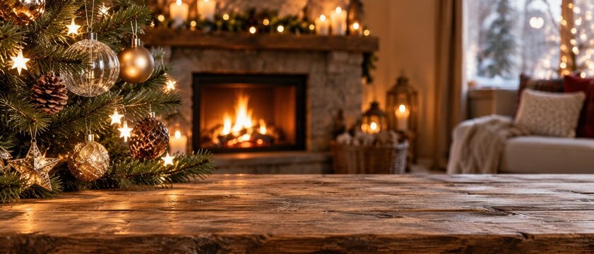 Festive living room with fireplace and Christmas tree