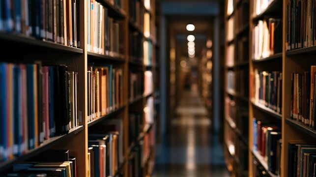 archive. Long corridor of library bookshelves receding, knowledge and perspective concept. real-estate listings.