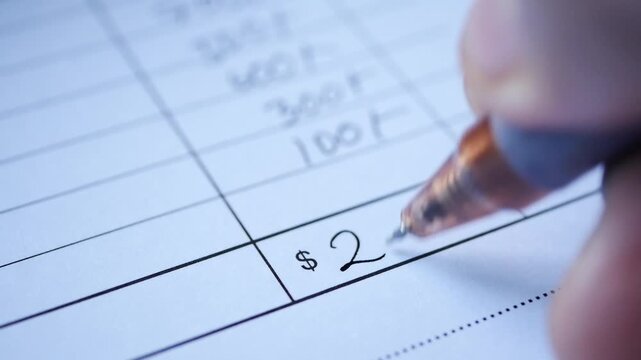 Close up of a pen writing a dollar amount on a ledger or spreadsheet for accounting purposes