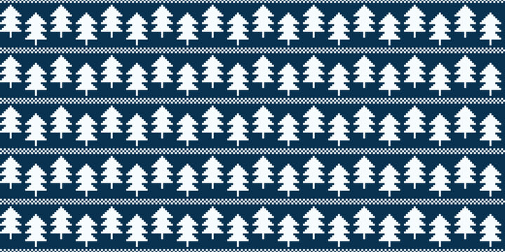 Christmas tree pixel art seamless pattern background with white fir trees on blue backdrop. Ugly sweater texture for holiday fair isle knitwear.