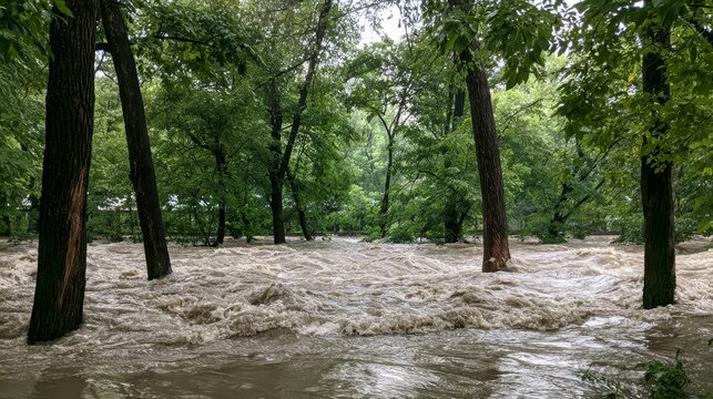 Flooded river with muddy water after heavy rainfall, showing rising water levels, strong currents, natural disaster conditions, river overflow, erosion, environmental damage and flood risk