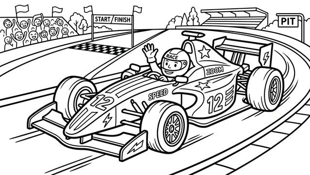 Race car driver waving in a cartoon style on a racetrack with a start/finish line. Coloring book is suitable for children aged 6-10 years