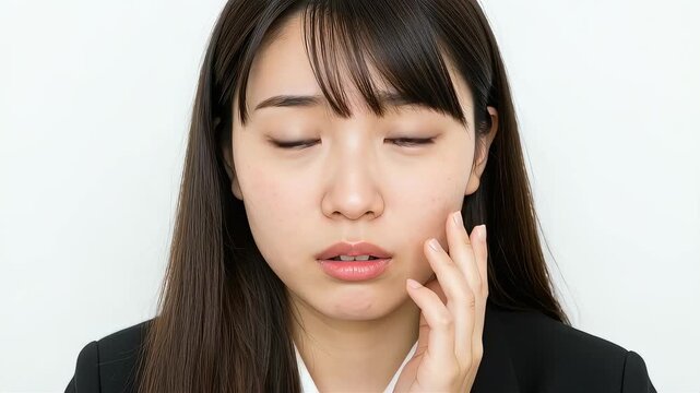 頬に手を添えて驚いた表情を見せる女性会社員