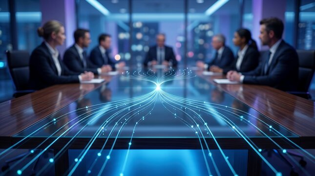 Business team in professional boardroom meeting with glowing digital fiber optic network lines emerging from conference table representing connectivity and corporate collaboration