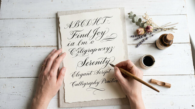 Handwritten Calligraphy Practice with Ink and Dip Pen on Paper