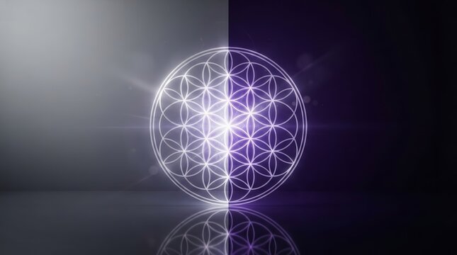 Dual presentation of the Flower of Life sacred geometry symbol on light and dark backdrops.