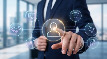 Obraz premium Businessman pointing at digital user profile icon with surrounding management and leadership symbols in a modern office environment for professional development and corporate networking