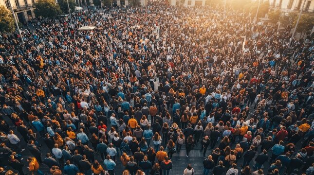 A massive, dense crowd of faceless people in a multicultural urban gathering, aerial view.