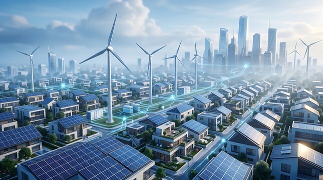 Futuristic smart city infrastructure with solar energy panels and wind turbines connected by glowing digital data lines for sustainable urban power management and eco-friendly living