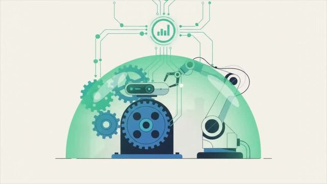 Robotic arm assembling mechanical gears in a flat vector animation style