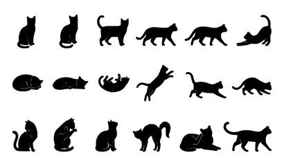 Obraz premium Black Cat Silhouette Vector Set with Sitting Walking Sleeping and Playful Feline Poses