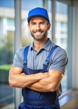 Male Domestic Service Provider in Overalls and Blue Hat