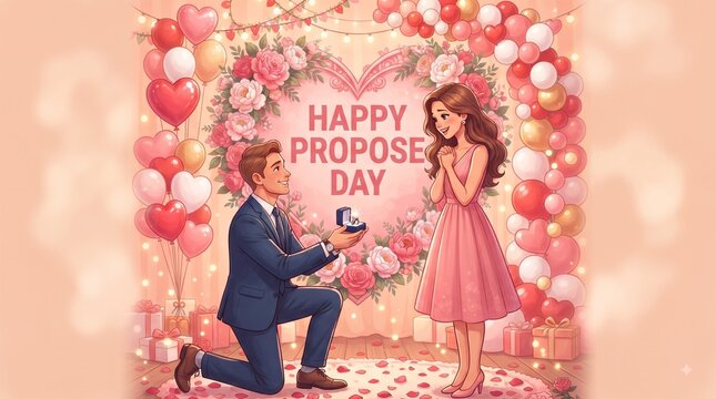 Man proposing to woman on propose day with heart shaped balloons