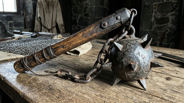Medieval flail weapon with spiked metal ball displayed on wooden surface in museum exhibit