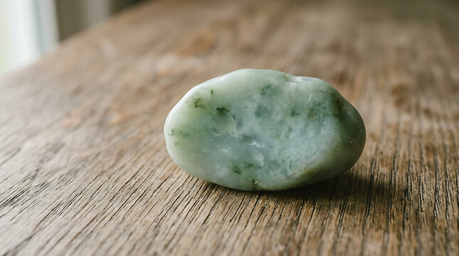 A smooth polished piece of green and white jade resting on a rustic wooden table