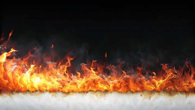 Fiery orange flames with rising white smoke on a solid black background creates a dramatic heat effect for overlays.