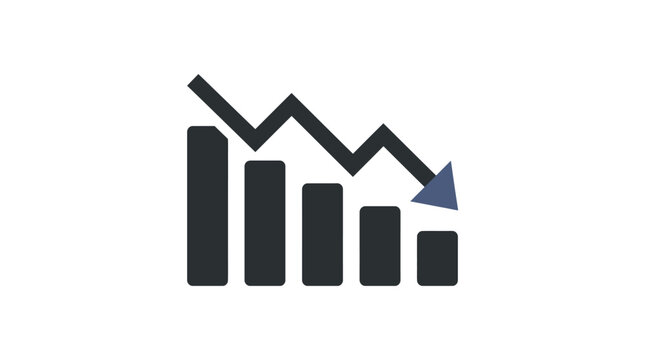 Dark grey financial bar chart icon showing a declining trend with a blue arrow indicating negative loss and market failure