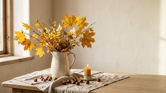 Autumn home decor with yellow leaves in ceramic vase, candle and natural elements on wooden table, warm sunlight creating cozy seasonal interior atmosphere and peaceful lifestyle scene