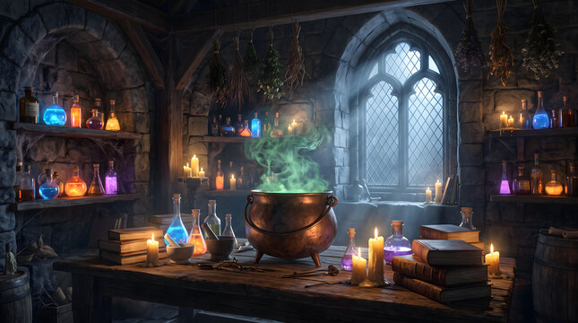 Alchemist laboratory with bubbling cauldron glowing magic potions and ancient books in stone castle.