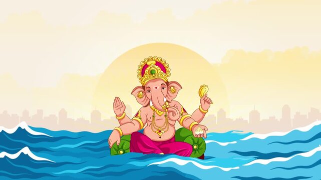 Floating Lord Ganesha Idol During Ganesh Visarjan at Sunset with City Skyline Reflections Motion Video