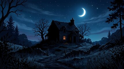 Fototapeta premium Crescent moon shining over an old abandoned cottage in a dark forest landscape at night