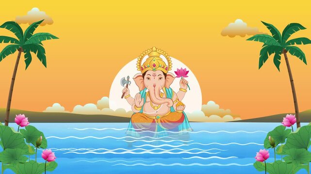 Ganesh Visarjan with Ganesha Idol Immersion in Tropical Sunset Water Video